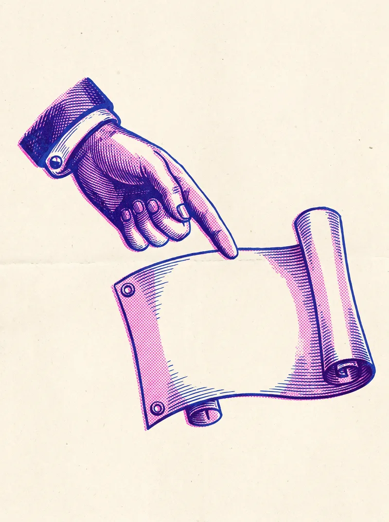 Risograph poster in cobalt and pink: a printer's pointing hand points at a half unrolled banner.