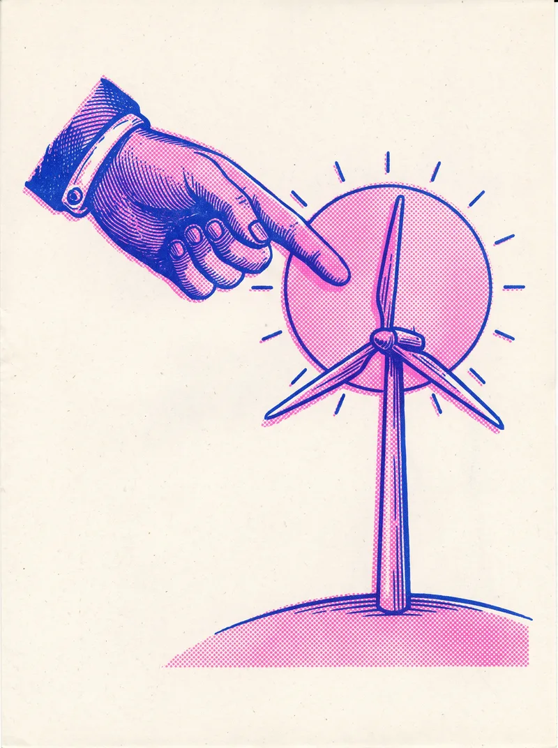 Risograph poster in cobalt and pink: a printer's pointing hand points at a wind turbine in front of a large sun.