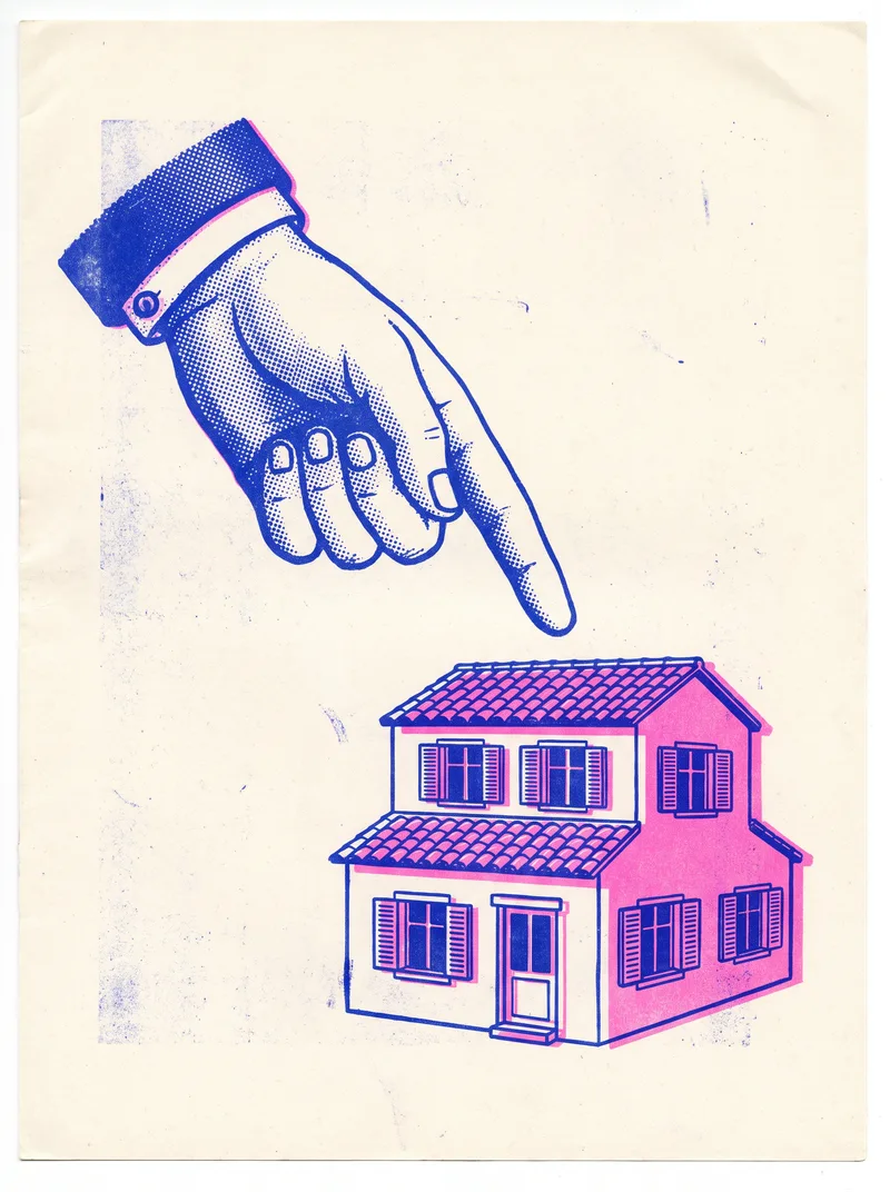 Risograph poster in cobalt and pink: a printer's pointing hand points at a two-storey Mediterranean house.