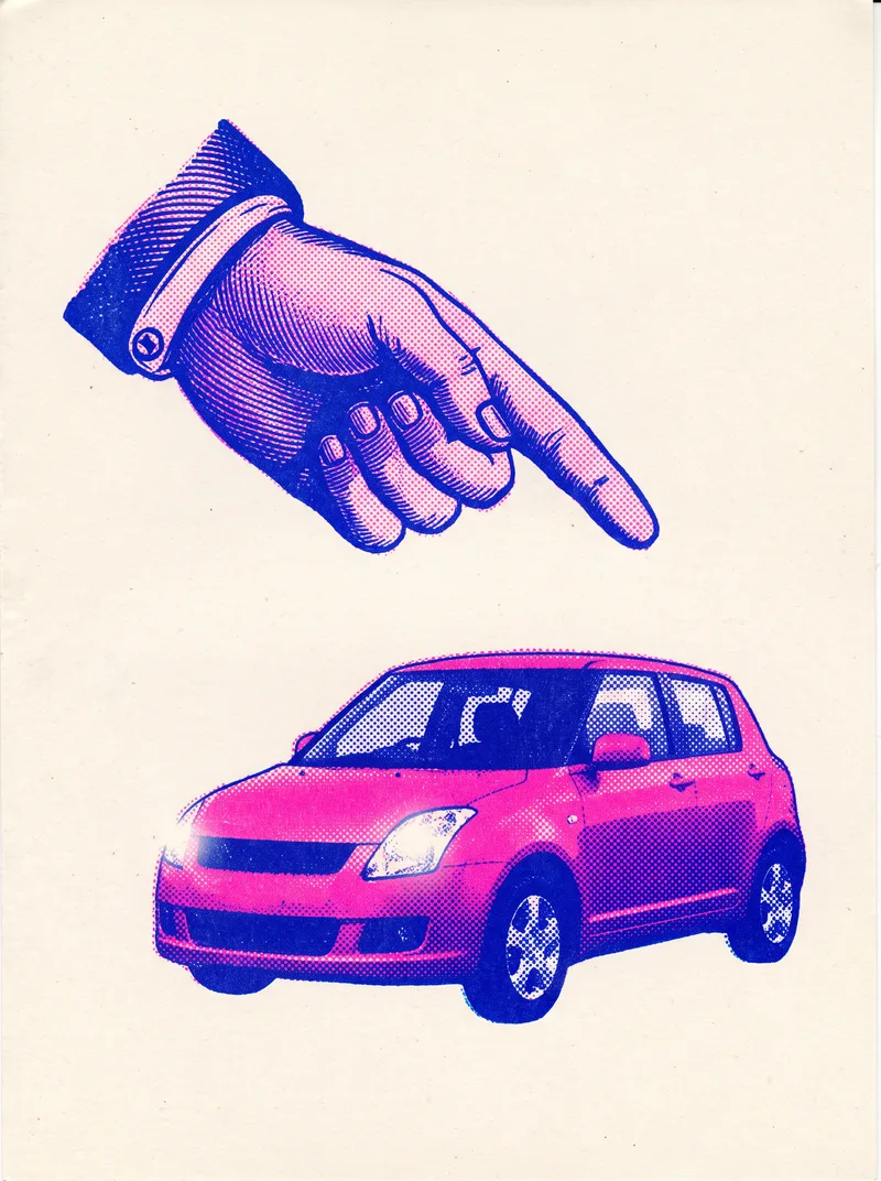 Risograph poster in cobalt and pink: a printer's pointing hand points at a small hire car.