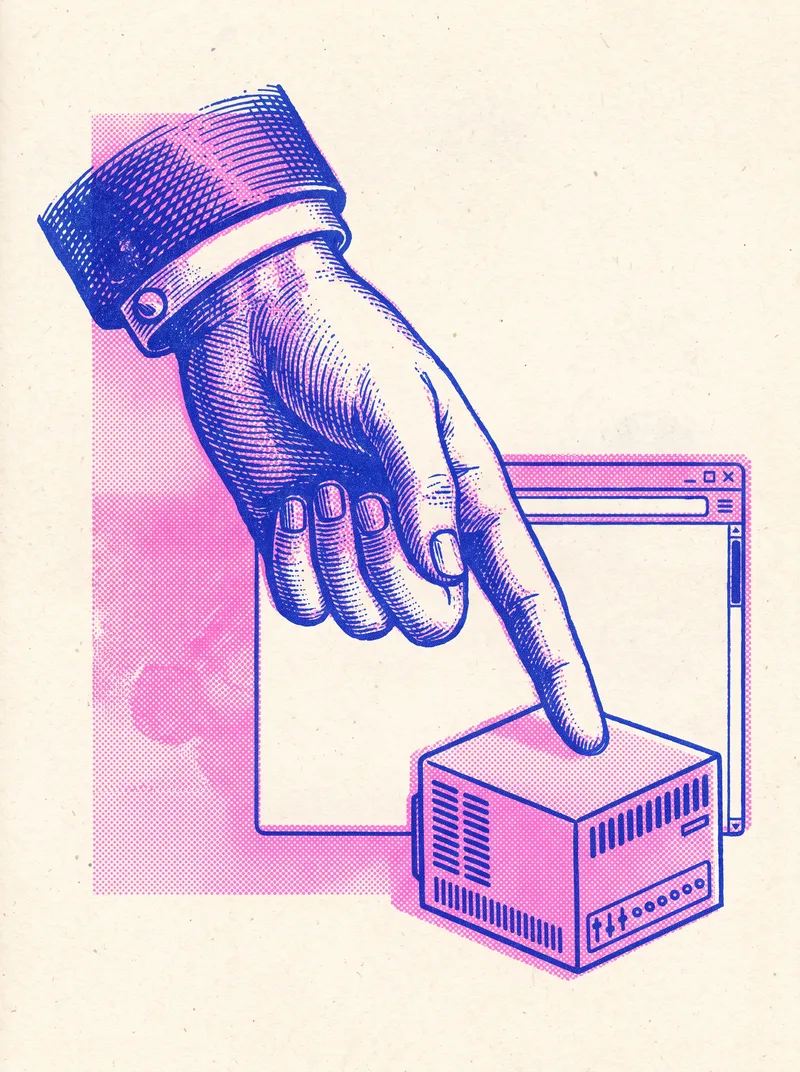 Risograph poster in cobalt and pink: a printer's pointing hand presses a small server box in front of a browser window.